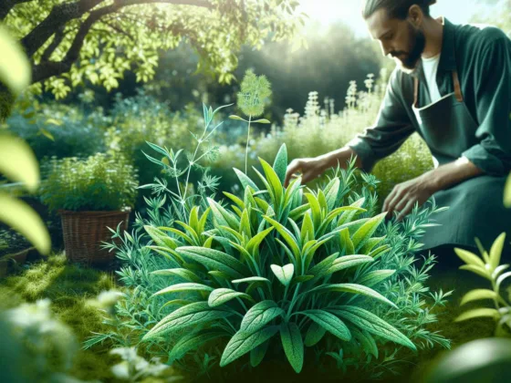 A gardener tending to lush, green French tarragon plants with glossy leaves in a vibrant garden filled with sunlight.