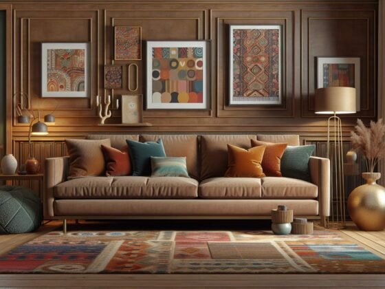 Cozy living room with a brown couch and vibrant decor.