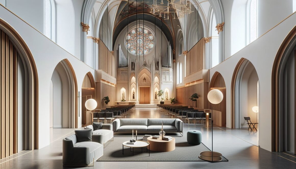 A renovated church with modern and traditional architectural elements blended seamlessly.