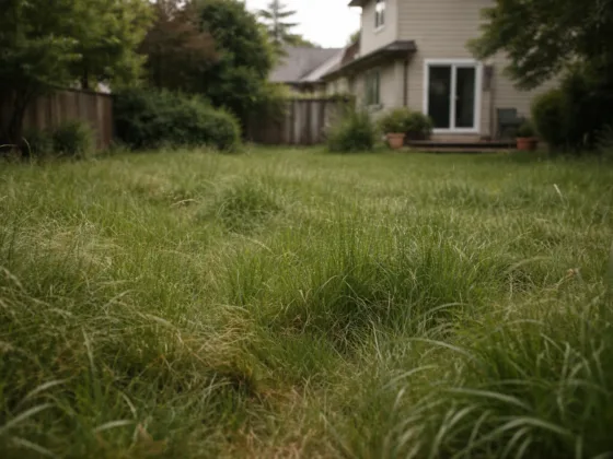 Overgrown grass in a residential backyard with uneven growth