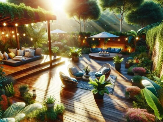 A wooden deck surrounded by lush greenery, with comfortable seating and potted plants.