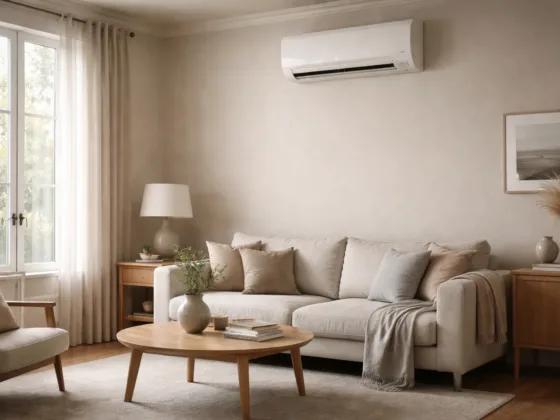 Wall-mounted air conditioner in a quiet living room during daytime