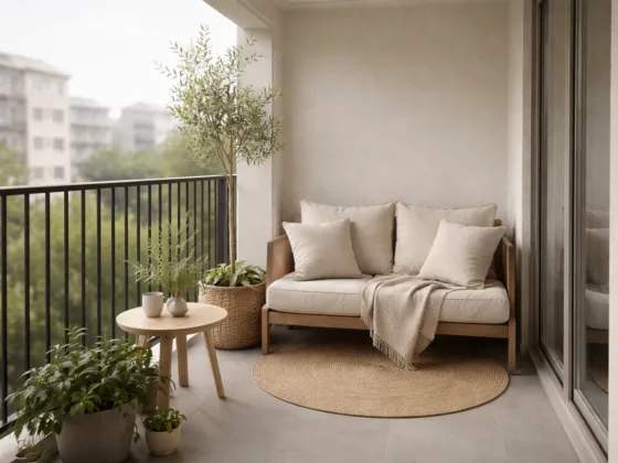 Small cosy balcony with minimal decor, seating, and plants