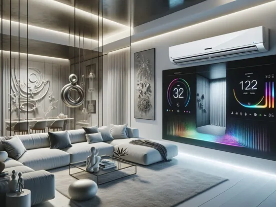 Sleek, futuristic ductless air conditioning system on the wall with a digital interface.