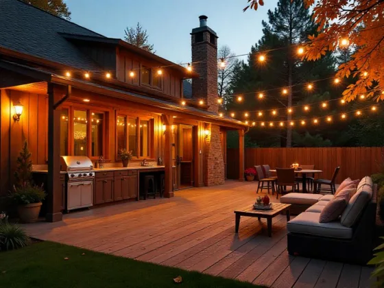 A rustic, farmhouse-style home transformed for a lively party, with a large wooden deck extending into a sprawling backyard during a warm autumn evening. String lights illuminate the outdoor space, highlighting a barbecue area and comfortable seating arrangements.