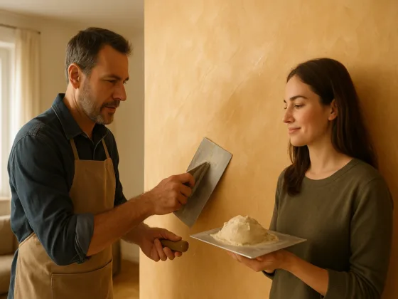 Artisan applying Venetian plaster to an interior wall while a homeowner assists by holding a hawk of mixed plaster, captured in warm natural light.