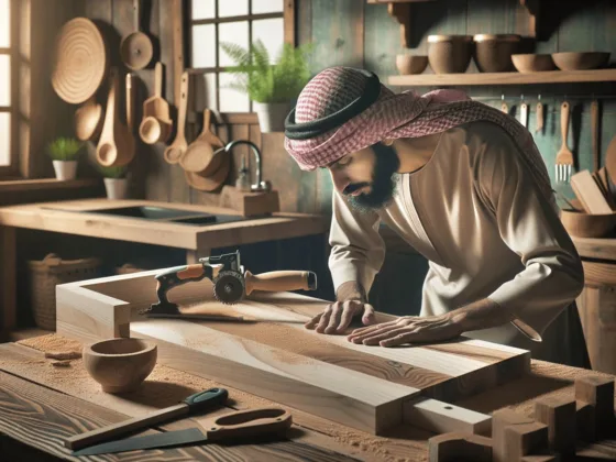 A warmly lit kitchen featuring a handcrafted wooden countertop, with a person focused on a carpentry project. The individual uses a saw and sandpaper to showcase the intricate grain patterns of the wood. Surrounding the workspace are green plants and rustic kitchen decorations, contributing to a cozy and homely atmosphere.