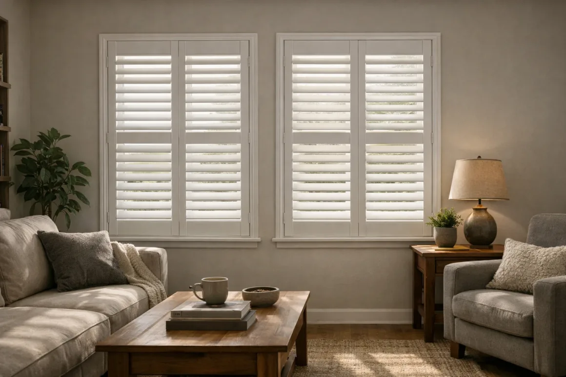 Living room with plantation shutters installed on standard rectangular windows