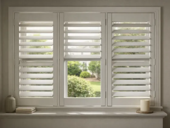 White plantation shutters with adjustable louvers controlling daylight in a residential interior