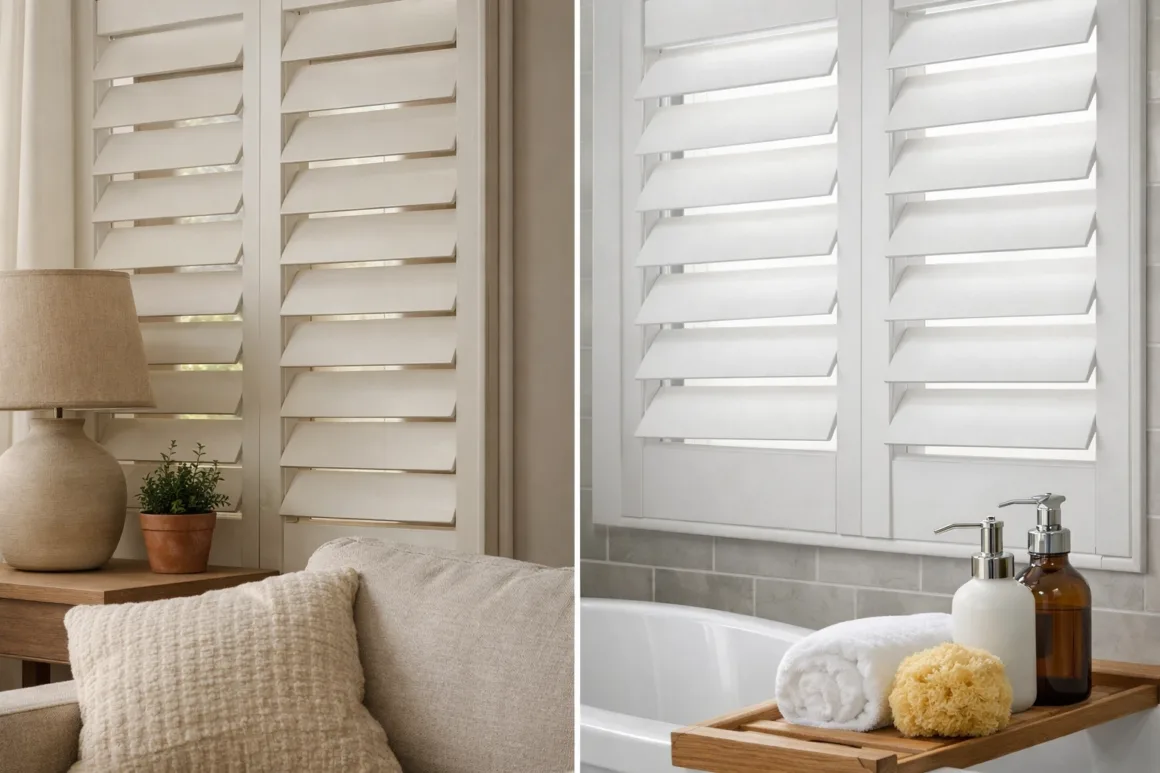 Plantation shutters installed in a living room and bathroom, showing how material choice adapts to dry and humid interior environments
