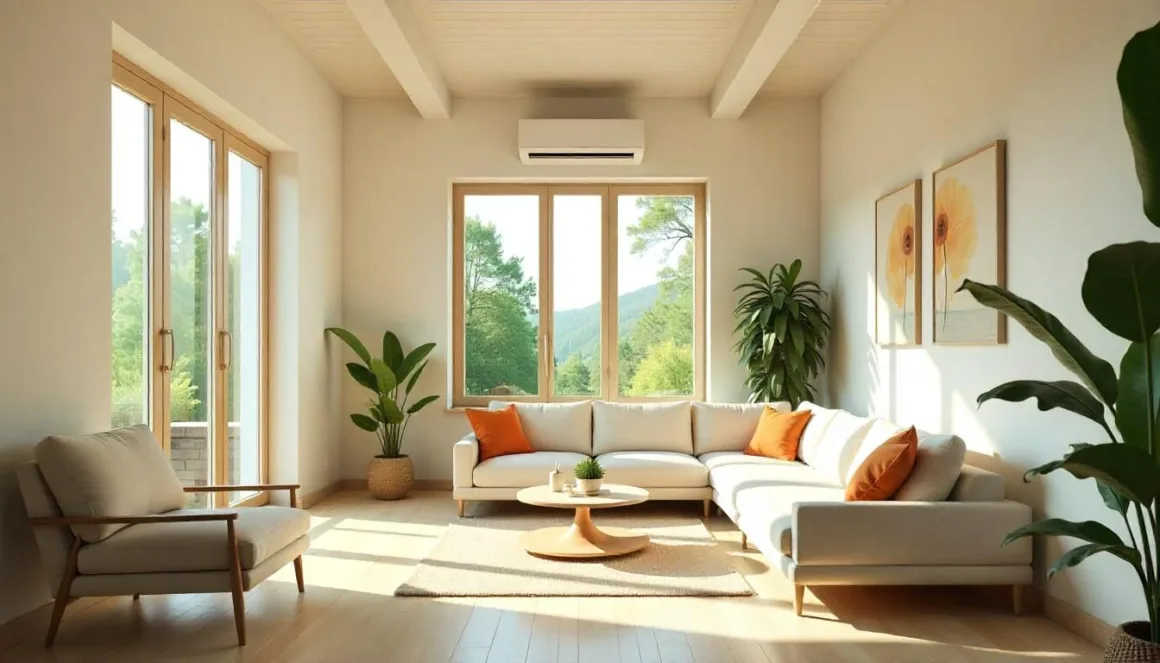 A modern home interior with ducted air conditioning vents seamlessly integrated into the ceiling, during a bright summer afternoon.