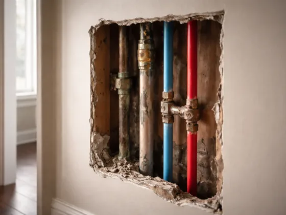 A partially opened interior wall revealing older and newer plumbing pipes behind drywall.