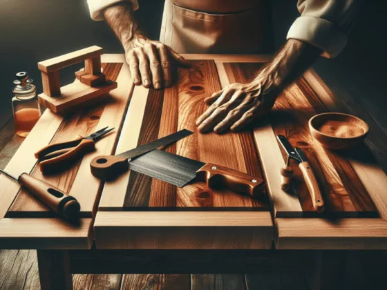 A welcoming kitchen filled with warm, inviting light, featuring a meticulously crafted butcher block table made of rich hardwood. The table showcases the natural grain and character of maple or oak. In the foreground, a pair of Caucasian hands skillfully work on the table, holding a saw, with sandpaper and other DIY tools nearby. The overall atmosphere radiates charm and creativity, suggesting a space perfect for cooking and experimentation.