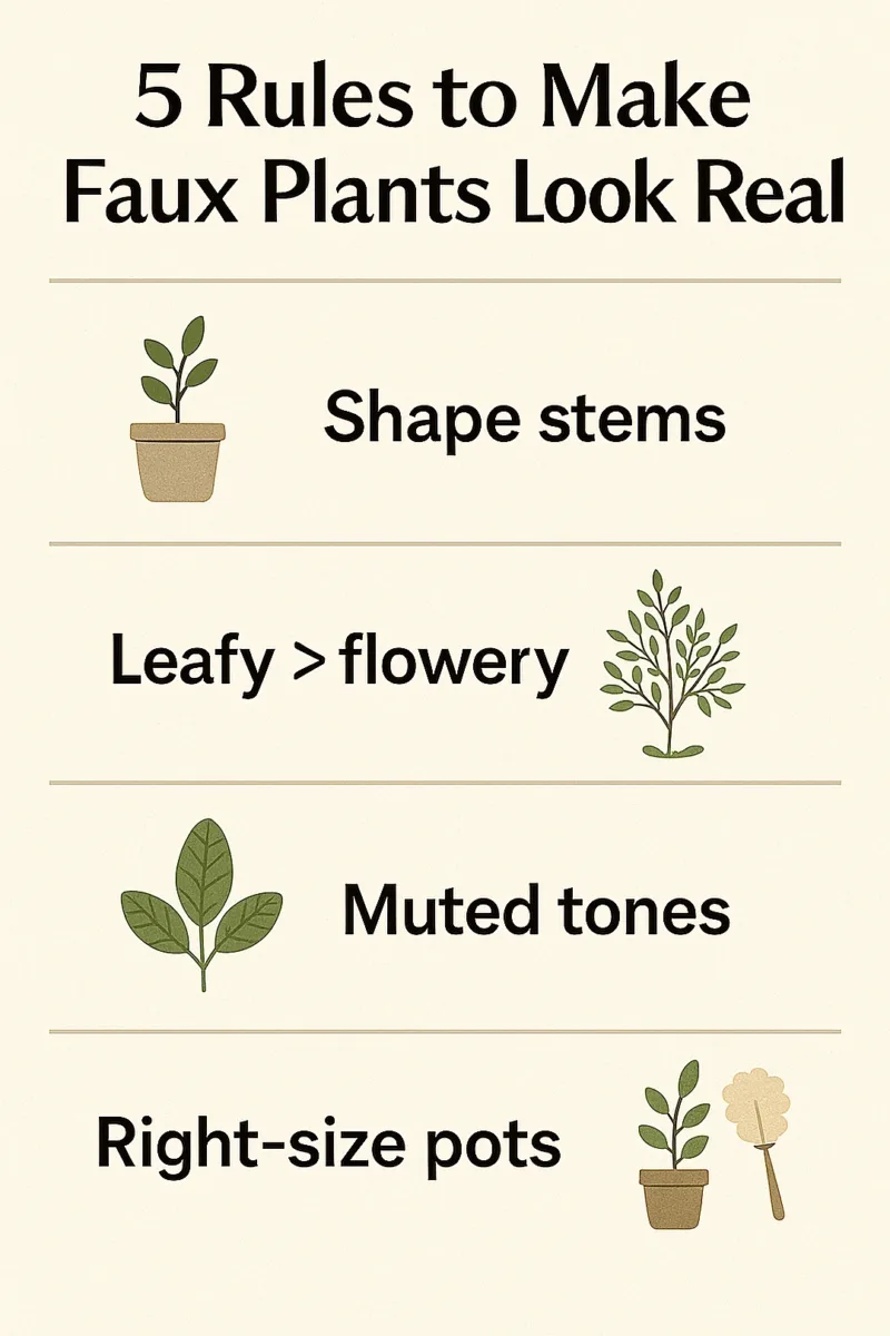 Infographic showing five rules to make faux plants look real: shape stems, leafy over flowery, muted tones, right-size pots, dust weekly