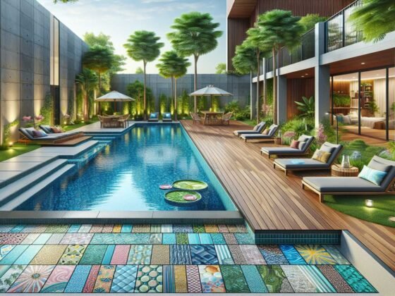 A luxurious swimming pool surrounded by colorful slip-resistant Kool Decking, lush greenery, and inviting poolside lounge chairs.
