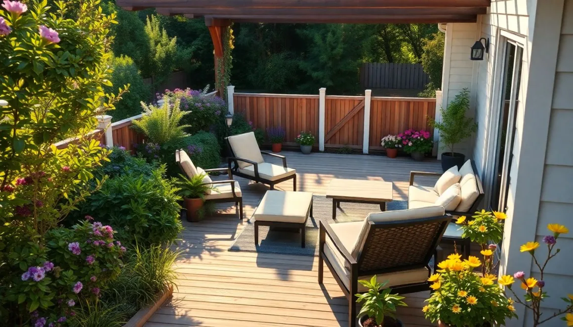 Outdoor deck with cream-colored patio furniture, a wooden fence, and various flowering plants.