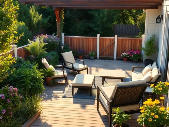 Outdoor deck with cream-colored patio furniture, a wooden fence, and various flowering plants.