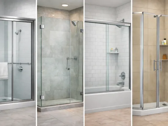 Different glass shower door styles installed in real bathrooms, showing sliding, hinged, and frameless designs