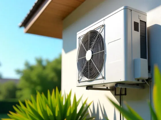 Modern air conditioning unit mounted on a house exterior wall with green plants and clear blue sky in the background.