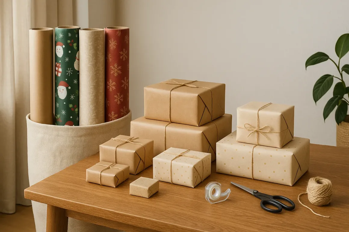 Measuring gift box sizes to estimate bulk wrapping paper needs using rolls, wrapped gifts, and tools on a holiday wrapping table