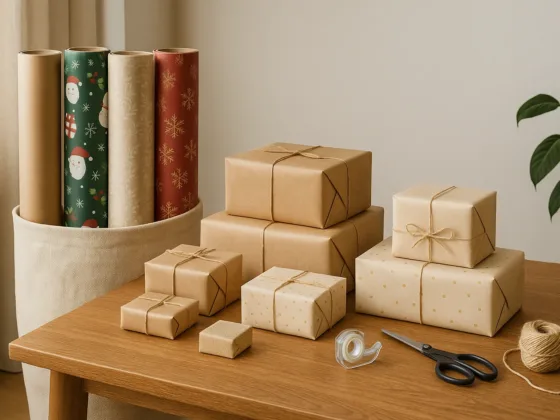 Measuring gift box sizes to estimate bulk wrapping paper needs using rolls, wrapped gifts, and tools on a holiday wrapping table