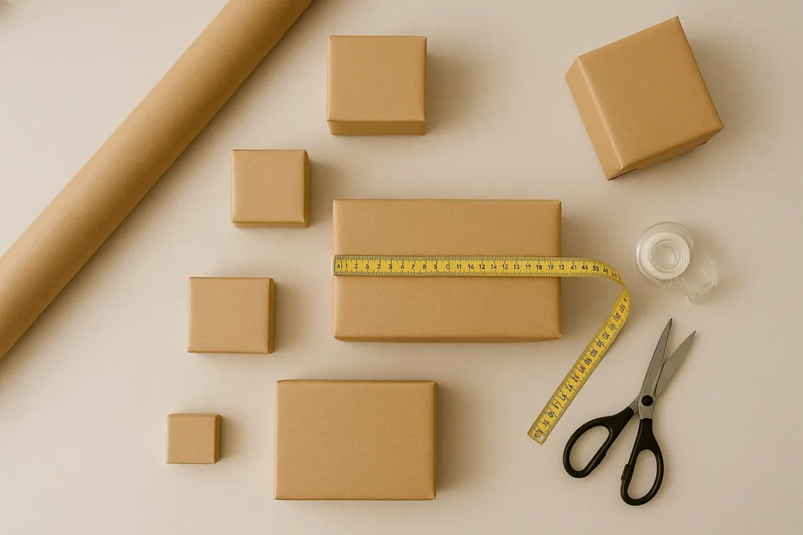 Top-down view of a gift-wrapping workspace with small, medium, and large boxes, a measuring tape, and a roll of kraft bulk wrapping paper laid out for sizing and estimation.