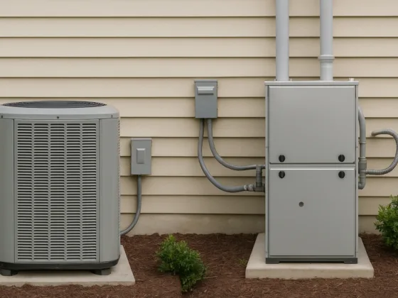 Outdoor heat pump unit next to a high-efficiency furnace against a beige house wall, showing the difference between the two heating systems