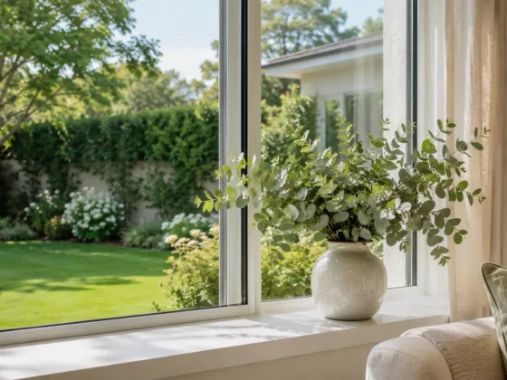 A clear glass window sill with a potted eucalyptus plant and a view of a sunlit backyard garden