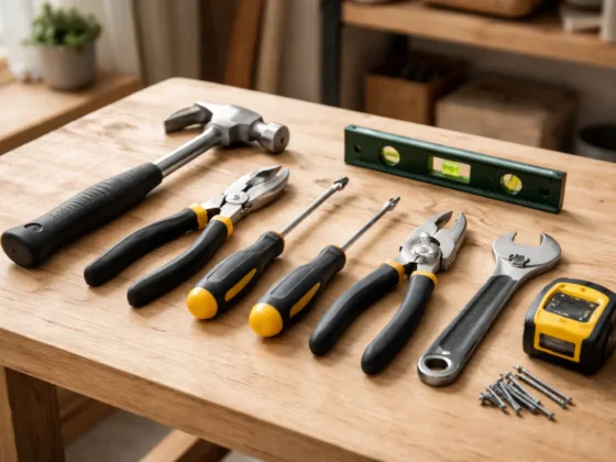 A realistic editorial photograph of a small, well-organized basic home tool set arranged neatly on a wooden workbench or table inside a home environment. The tools include common household items such as a hammer, screwdrivers, adjustable wrench, tape measure, pliers, and a small level. All tools are unused, clean, and static — no hands, no people, no action. Soft natural daylight, neutral color palette, calm and observational tone. The image should feel practical and realistic, not promotional or staged. No brand logos, no packaging, no instructional setup. Aspect ratio 16:9, high clarity, professional editorial style.