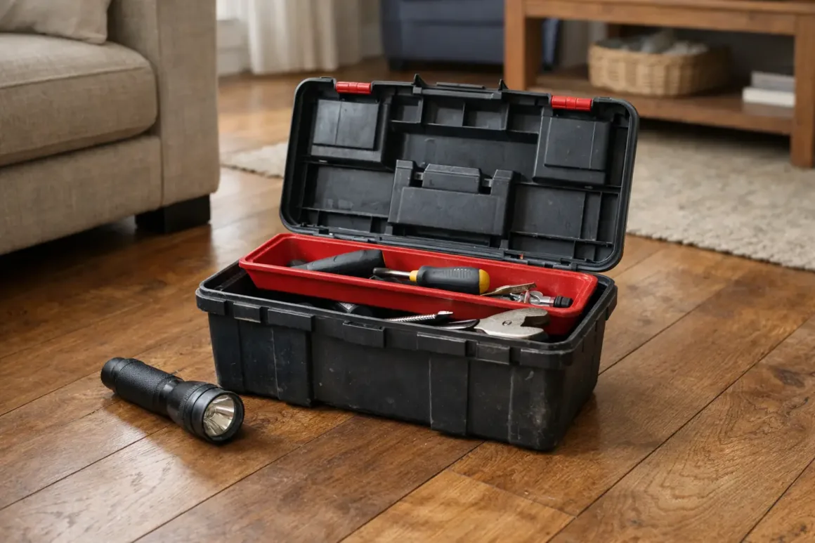 A slightly used home toolbox with basic tools and a flashlight on a wooden floor in a living room