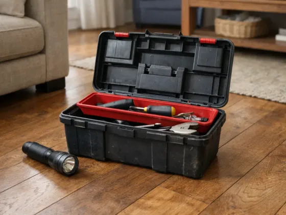 A slightly used home toolbox with basic tools and a flashlight on a wooden floor in a living room