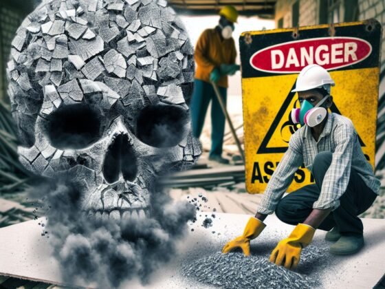 A symbolic representation portraying the danger of asbestos. Picture a skull made from asbestos fibres, its eyesockets filled with dark, ominous smoke. Nearby, a sign indicating hazard and warnings against exposure to asbestos, with text such as 'Danger', 'Do not Inhale', and 'Toxic', is clearly visible. The background is filled with a work scene where asbestos is being improperly handled. A South Asian worker, wearing an ineffective mask and gloves, uneasily handles a sheet of asbestos, symbolizing the dangers faced by workers dealing with this toxic substance.
