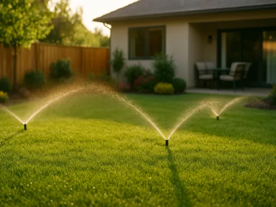 In-ground sprinklers watering a lush suburban garden lawn at golden hour.