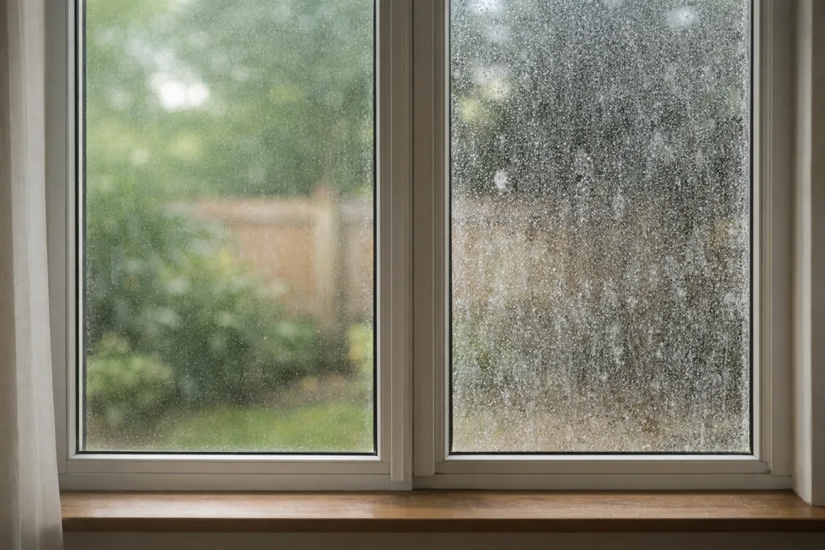 Two window panes showing different levels of mineral buildup, with light residue on one side and heavier staining on the other.
