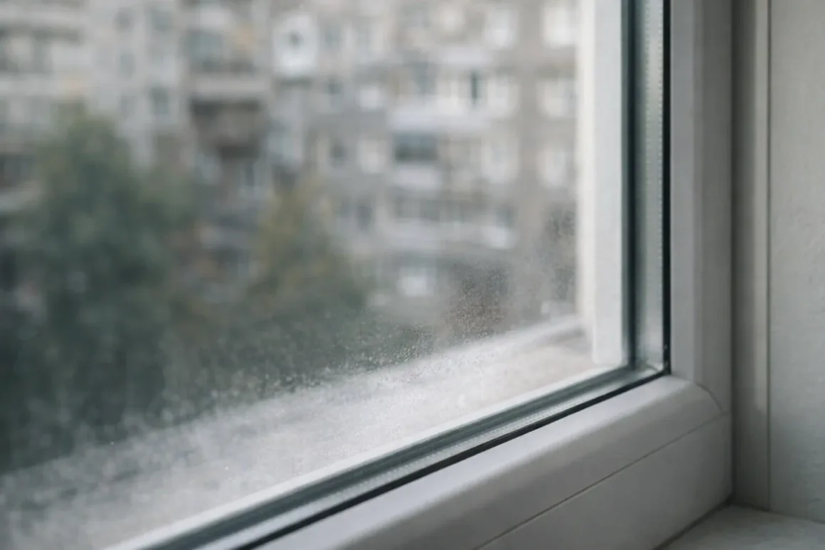 Soft daylight showing mild hard water residue on a residential window
