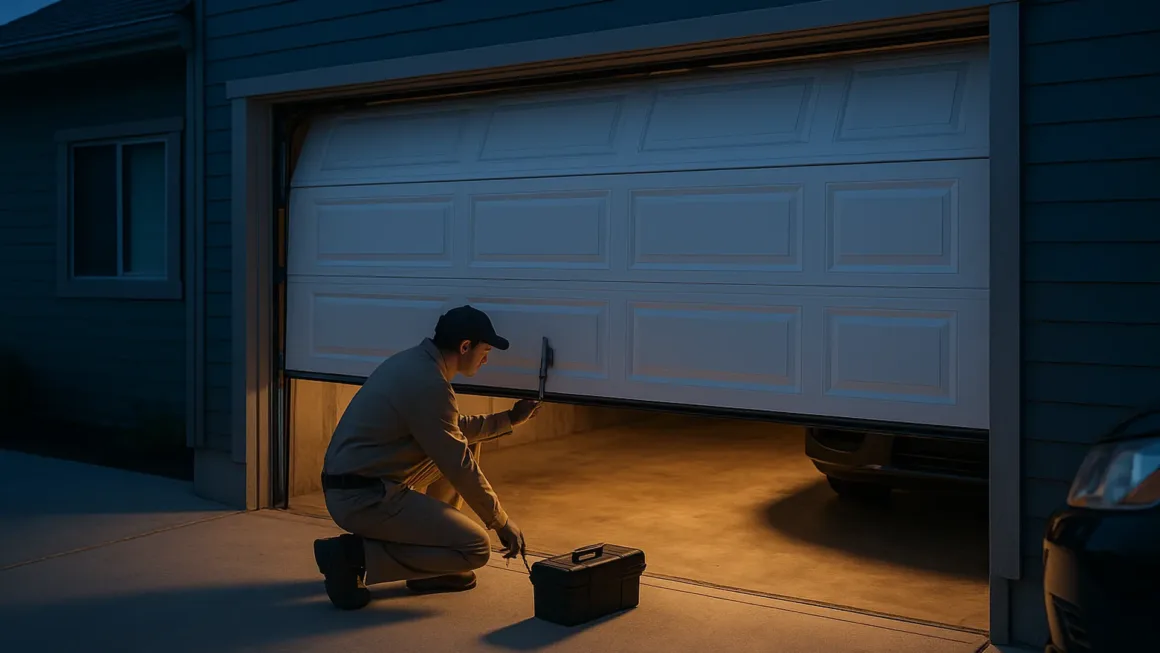 Garage door stuck halfway open while a technician inspects the tracks during an emergency repair call.