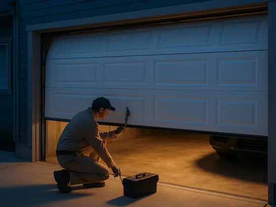 Garage door stuck halfway open while a technician inspects the tracks during an emergency repair call.