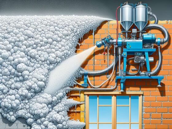 Spray foam insulation machine in operation.