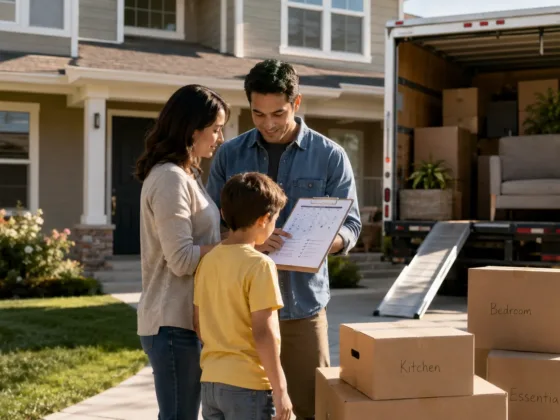 Family reviewing a moving checklist beside a moving truck before a cross-country move to their new home.