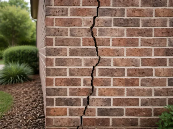 vertical crack in residential brick wall near house foundation
