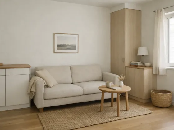 A calm, petite living space with a small sofa, closed storage cabinets, and soft natural light creating a balanced and uncluttered interior.