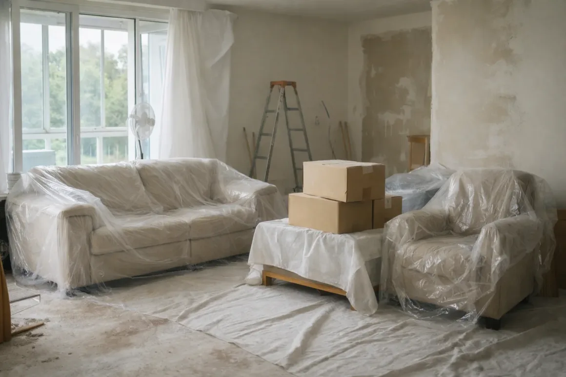 Furniture protected and stored safely during a home renovation to prevent dust and moisture damage