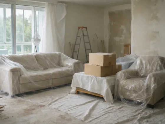Furniture protected and stored safely during a home renovation to prevent dust and moisture damage