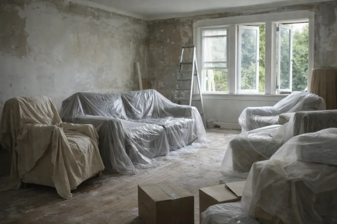 Wrapped furniture in a living room during renovation, showing temporary storage and dust protection