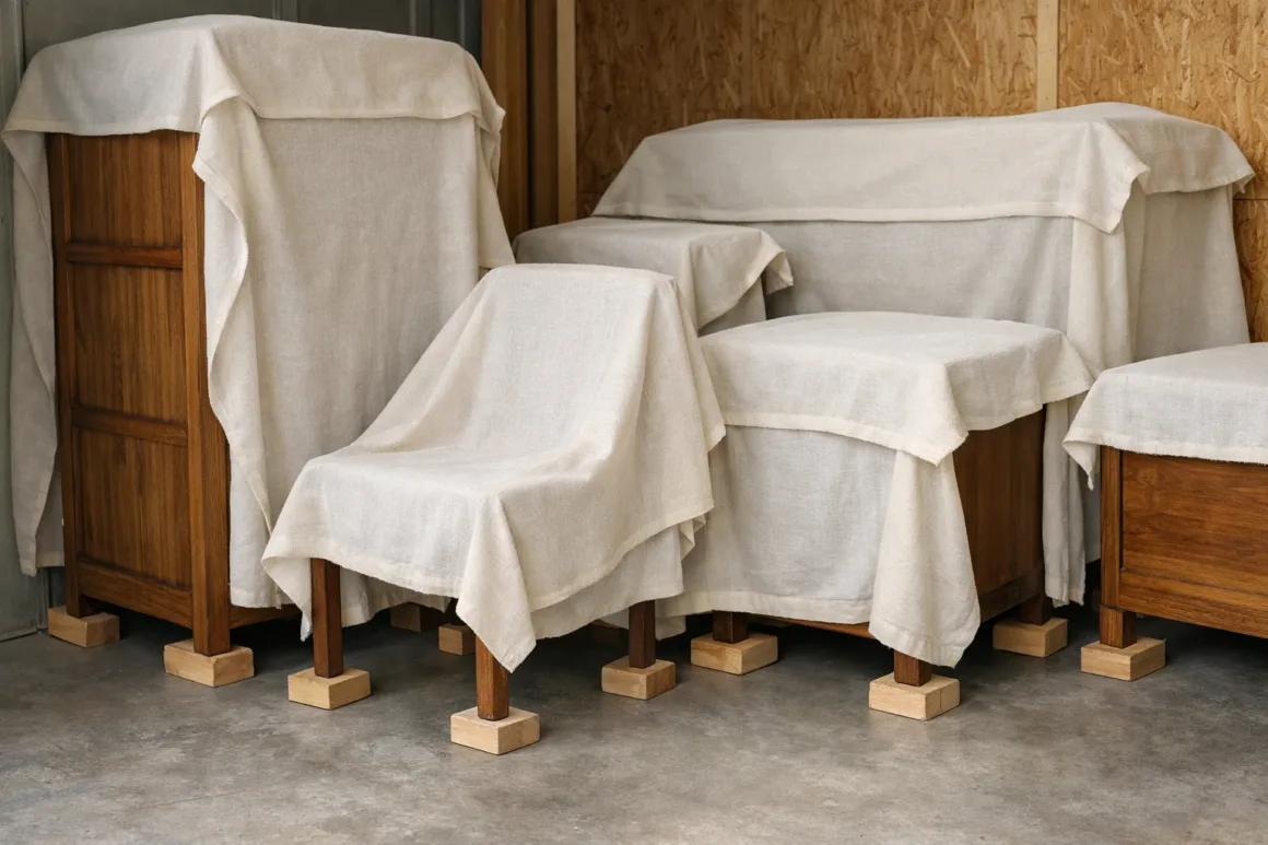 Furniture prepared for storage using breathable fabric covers and elevated placement to reduce moisture and damage risks.