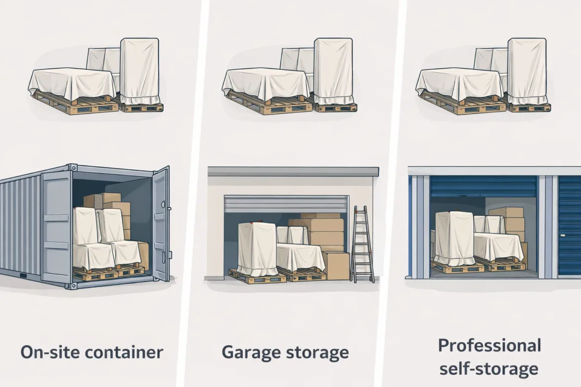 Comparison of furniture storage options during renovation, including on-site containers, garage storage, and professional self-storage.