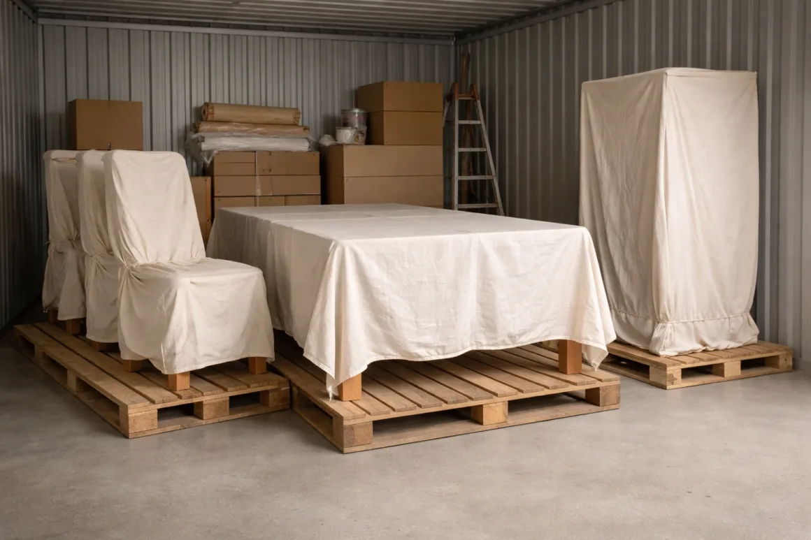 Furniture stored during a home renovation, wrapped in breathable covers and elevated on pallets to protect against moisture and damage.