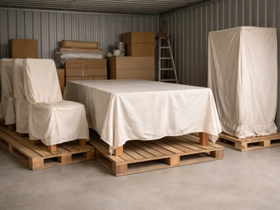 Furniture stored during a home renovation, wrapped in breathable covers and elevated on pallets to protect against moisture and damage.