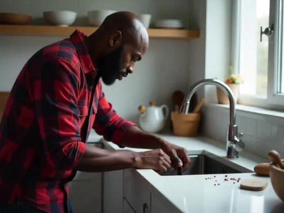 A man disassembling a P-trap under a sink to remove hair and debris in a modern, minimalist kitchen.