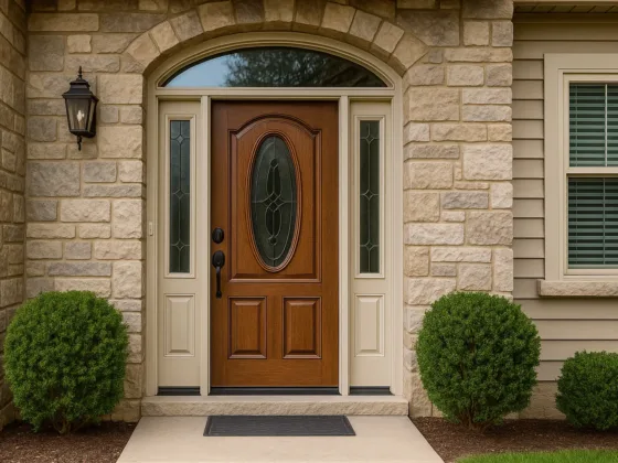 Photorealistic front entry with a wood door, decorative glass sidelights and stone façade showing a typical modern entry door style